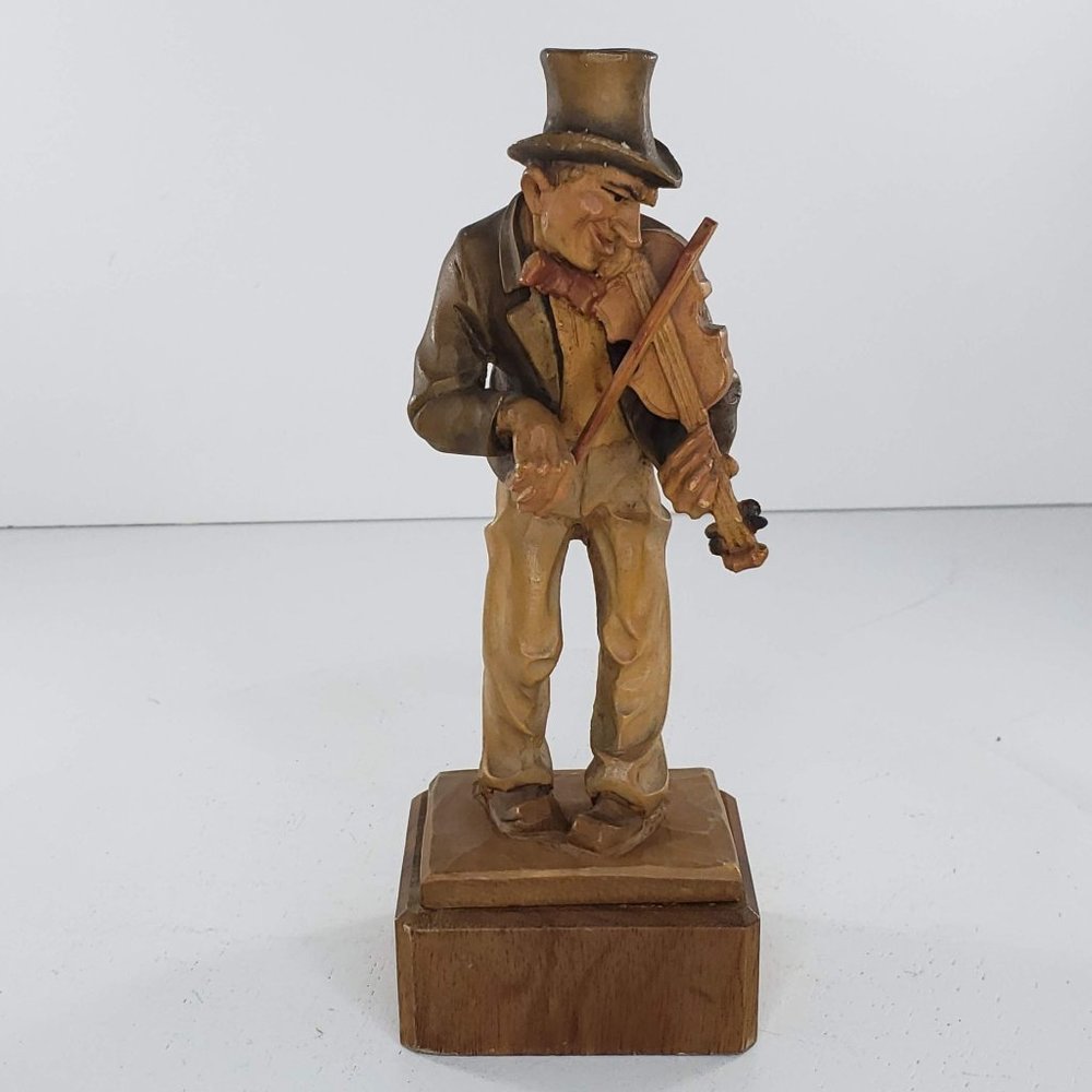 Swiss Hand Carved Vintage Folk Art Statue Fiddle Violin Player Sculpture